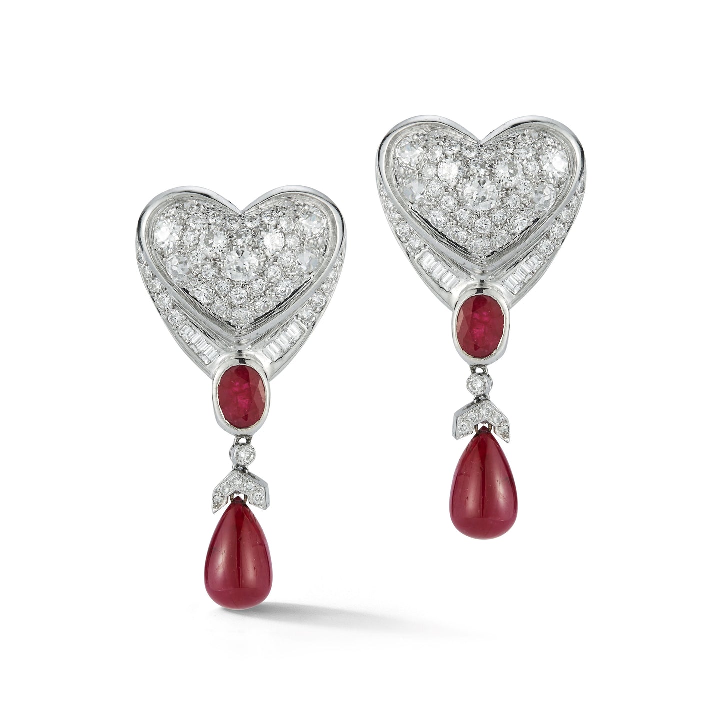 Diamond and Ruby Heart Drop Gold Earrings