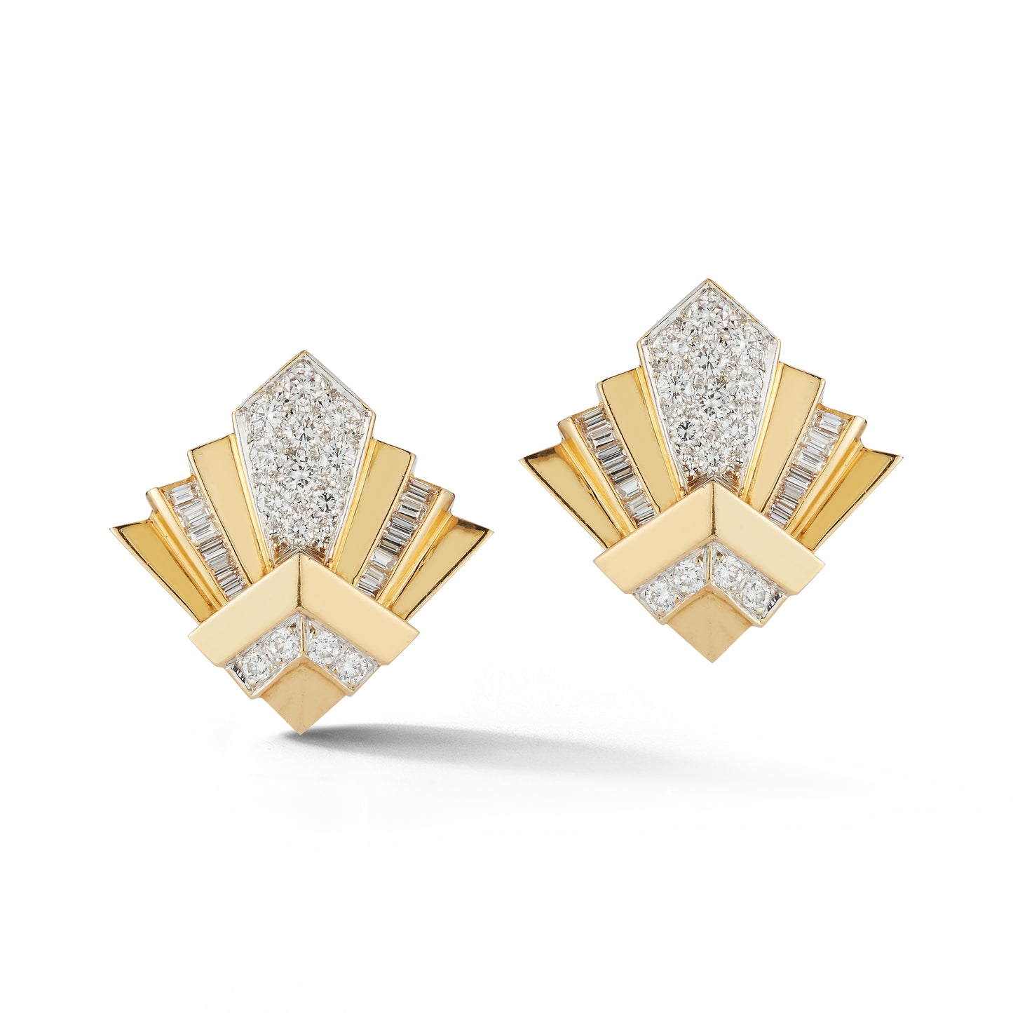 Yellow Gold Round & Baguette Diamond Clip On Earrings
