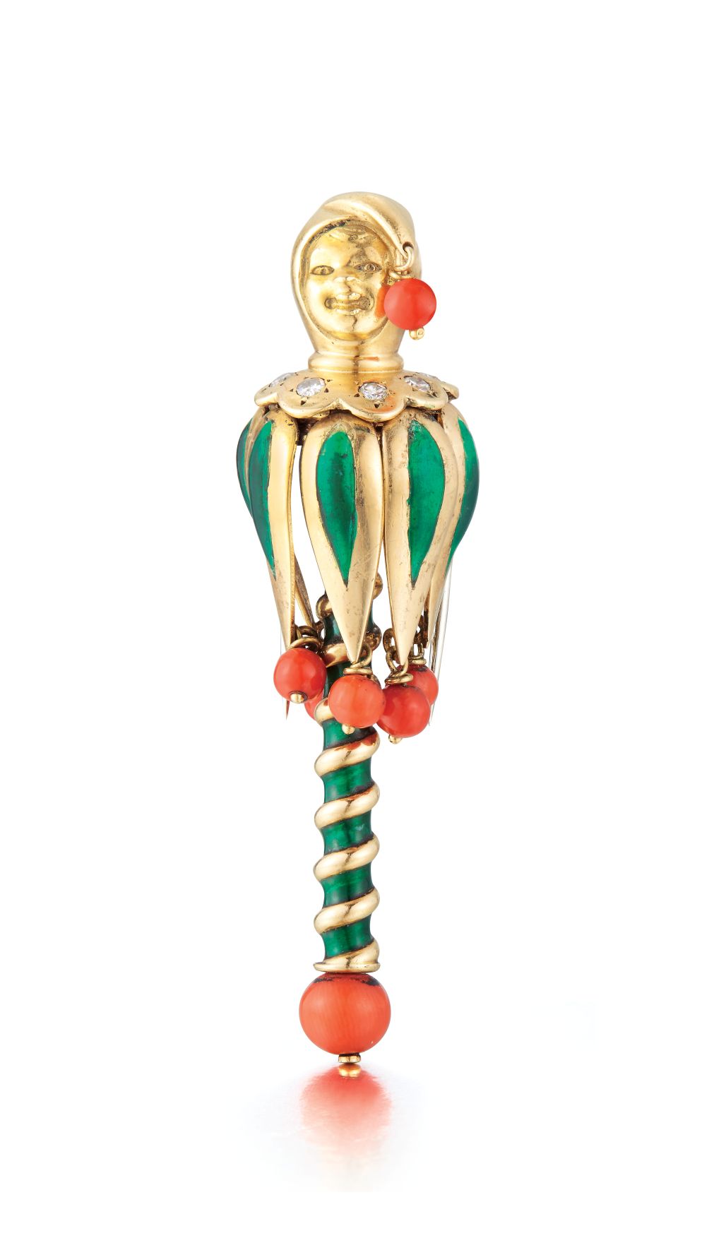 Van Cleef & Arpels Enamel Coral Diamond Gold Jester Brooch
