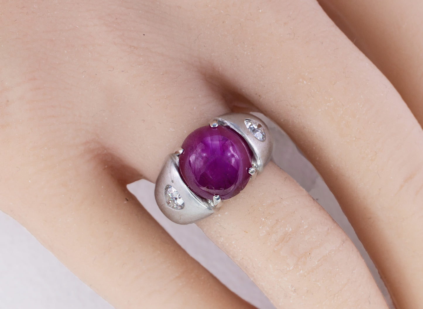 White Gold Cabochon Ruby and Pear-Cut Diamond Gypsy Ring