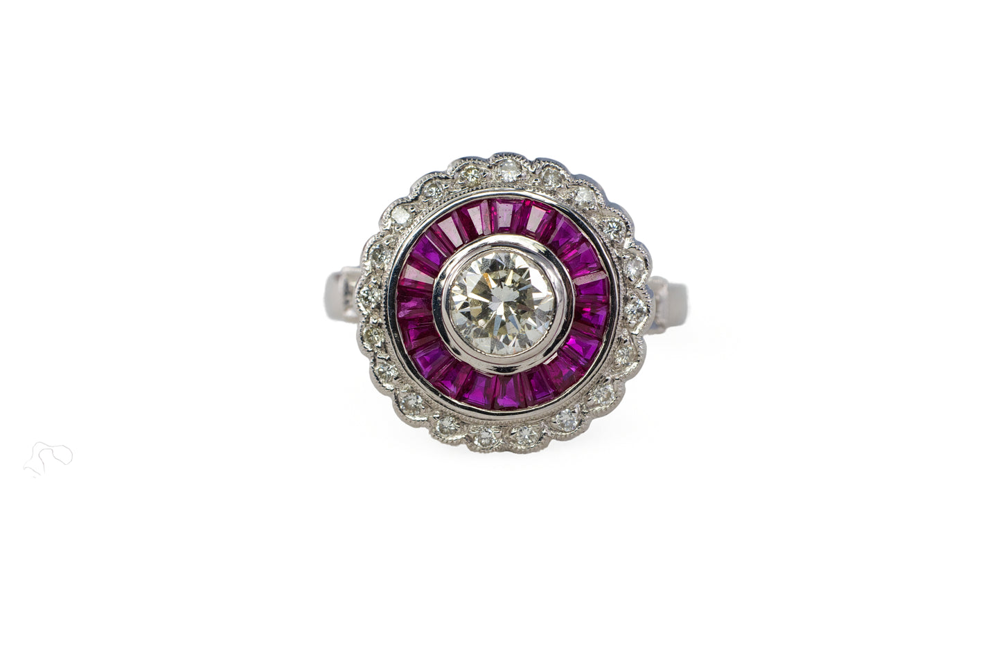White Gold Old European Cut Diamond and Calibré Ruby Target Ring