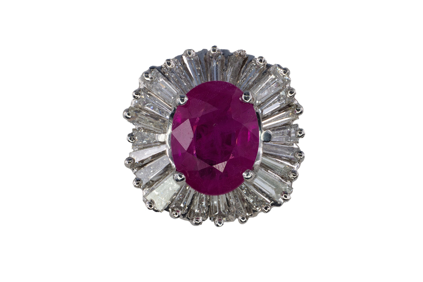 Platinum Oval Ruby and Tapered Baguette Ballerina Cluster Ring