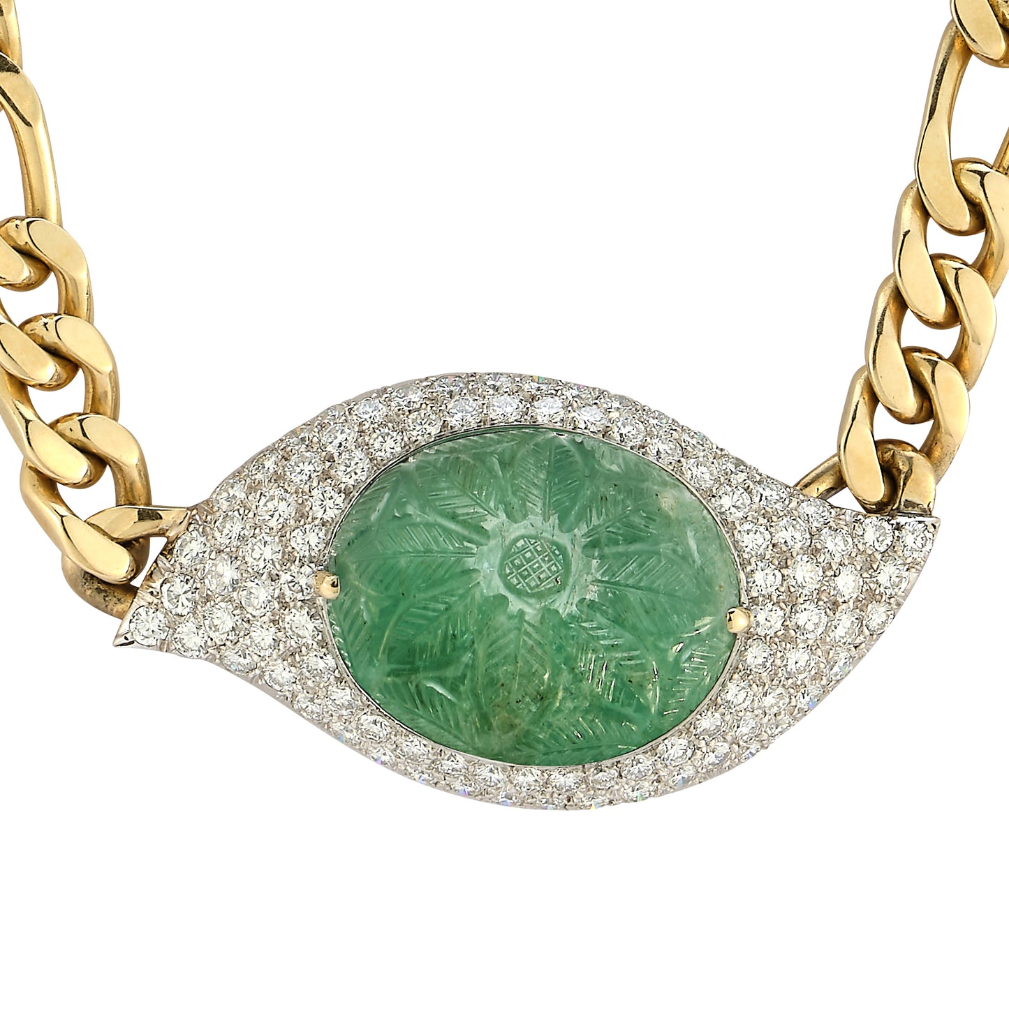 Carved Emerald & Diamond Link Necklace