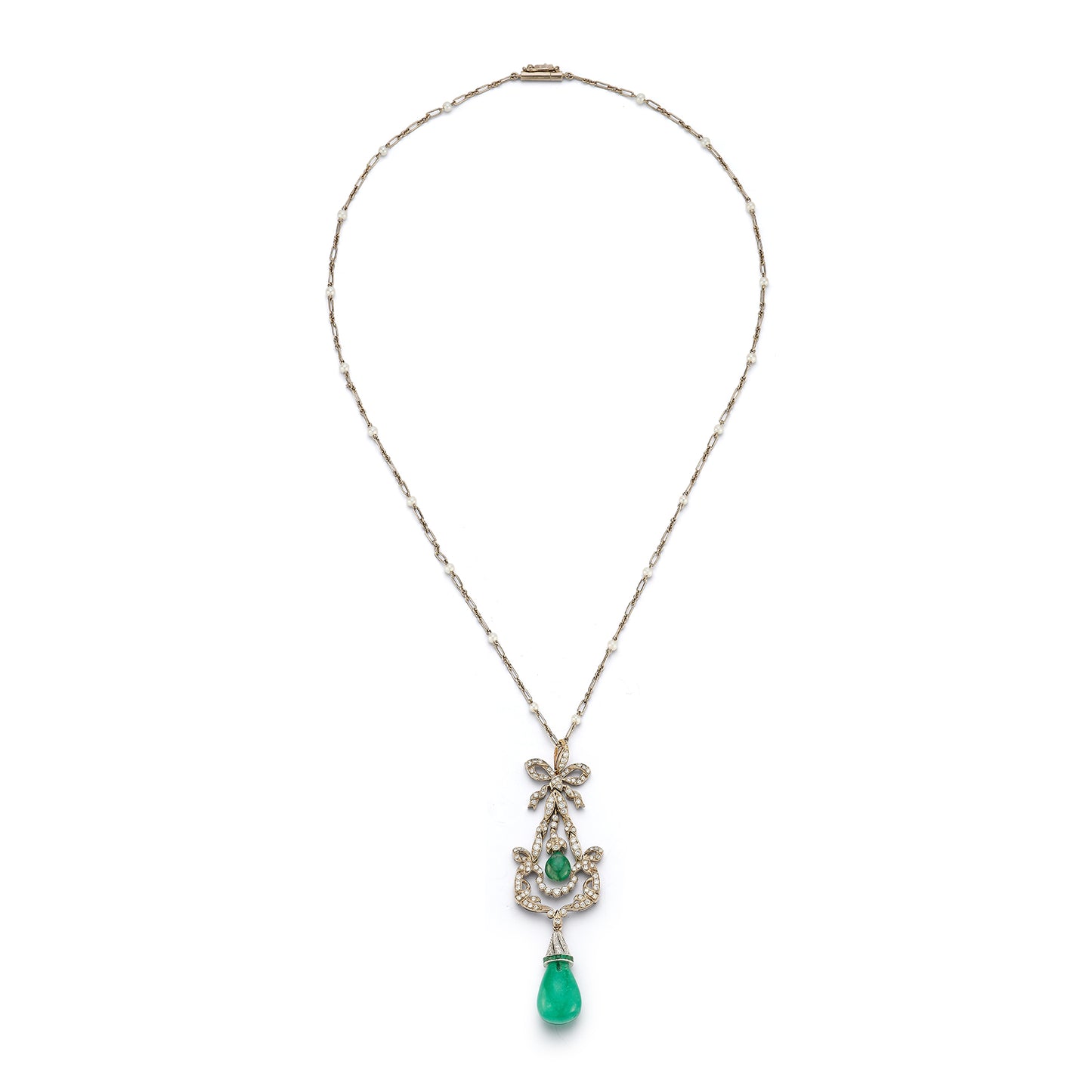 Emerald and Diamond Drop Pendant Necklace