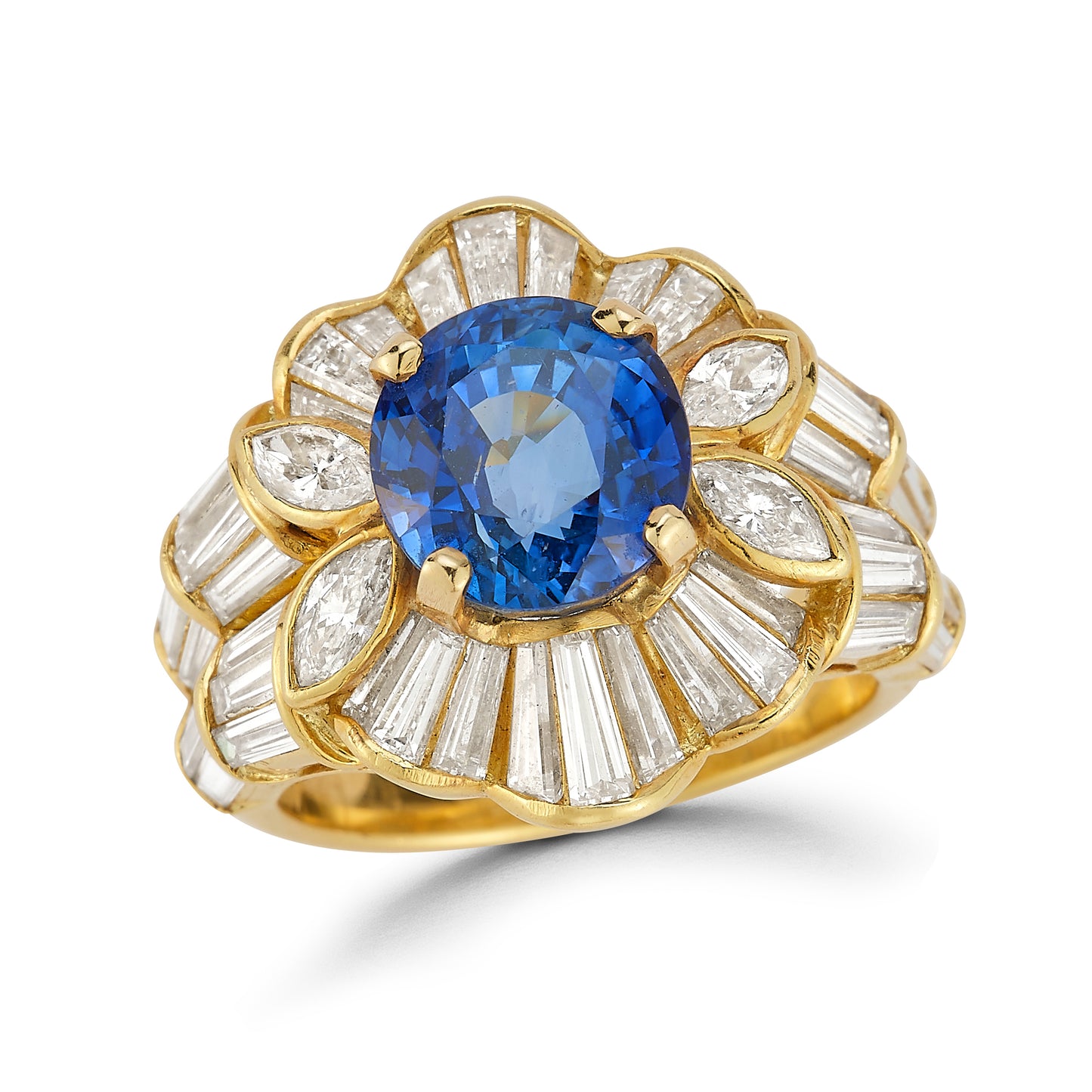 Ceylon Sapphire and Baguette & Marquise Cut Diamond Ring