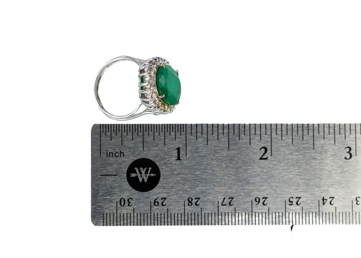 White Gold Oval Emerald and Scalloped Diamond Halo Cocktail Ring