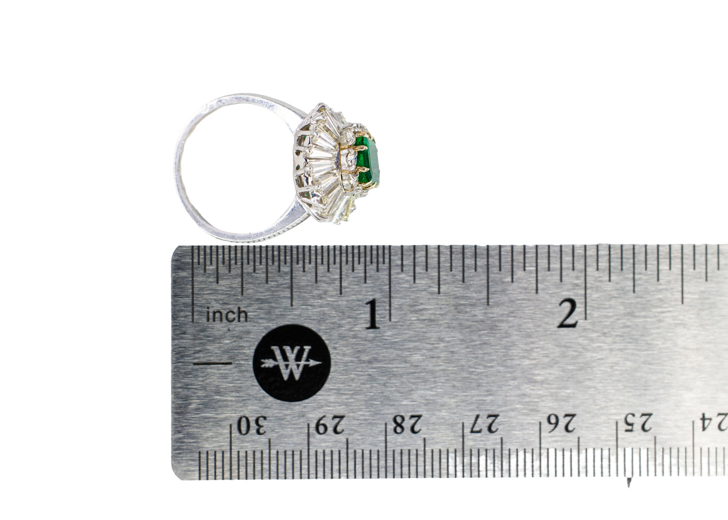 Platinum Emerald-Cut Emerald and Double-Halo Ballerina Ring