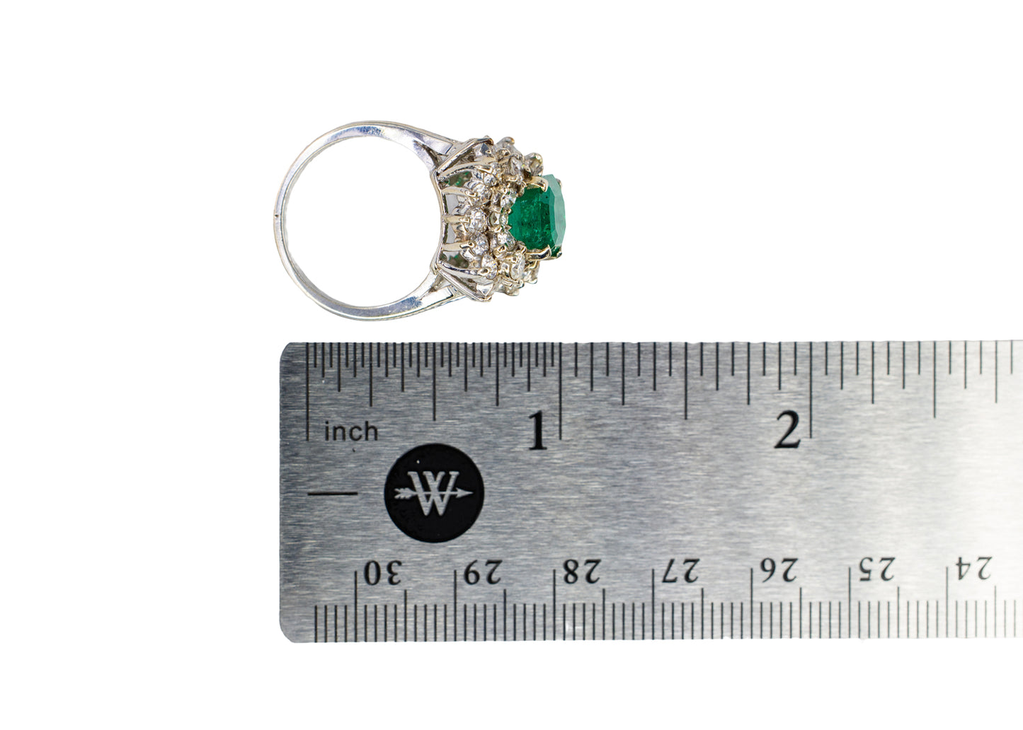 White Gold Emerald-Cut Emerald and Tiered Diamond Halo Cluster Ring