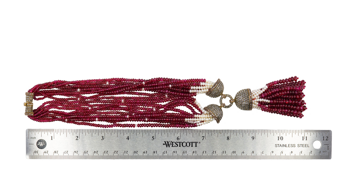Spinel, Pearl & Diamond Multi Strand Tassel Necklace