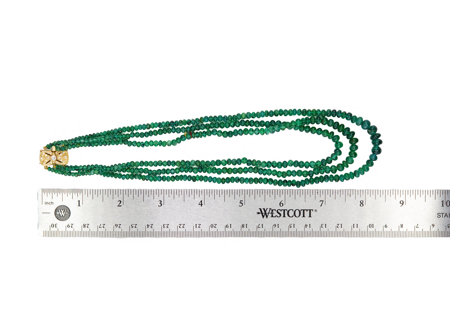 Yellow Gold Multi-Strand Emerald Bead Necklace with Diamond Filigree Clasp