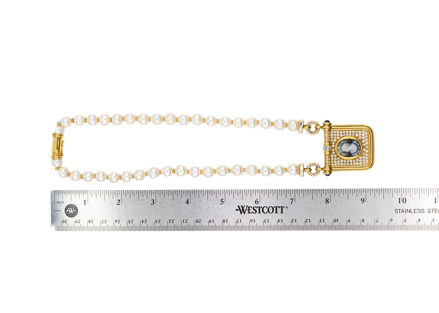 Yellow Gold Pearl, Diamond, Sapphire, and Agate Cameo Pendant Necklace
