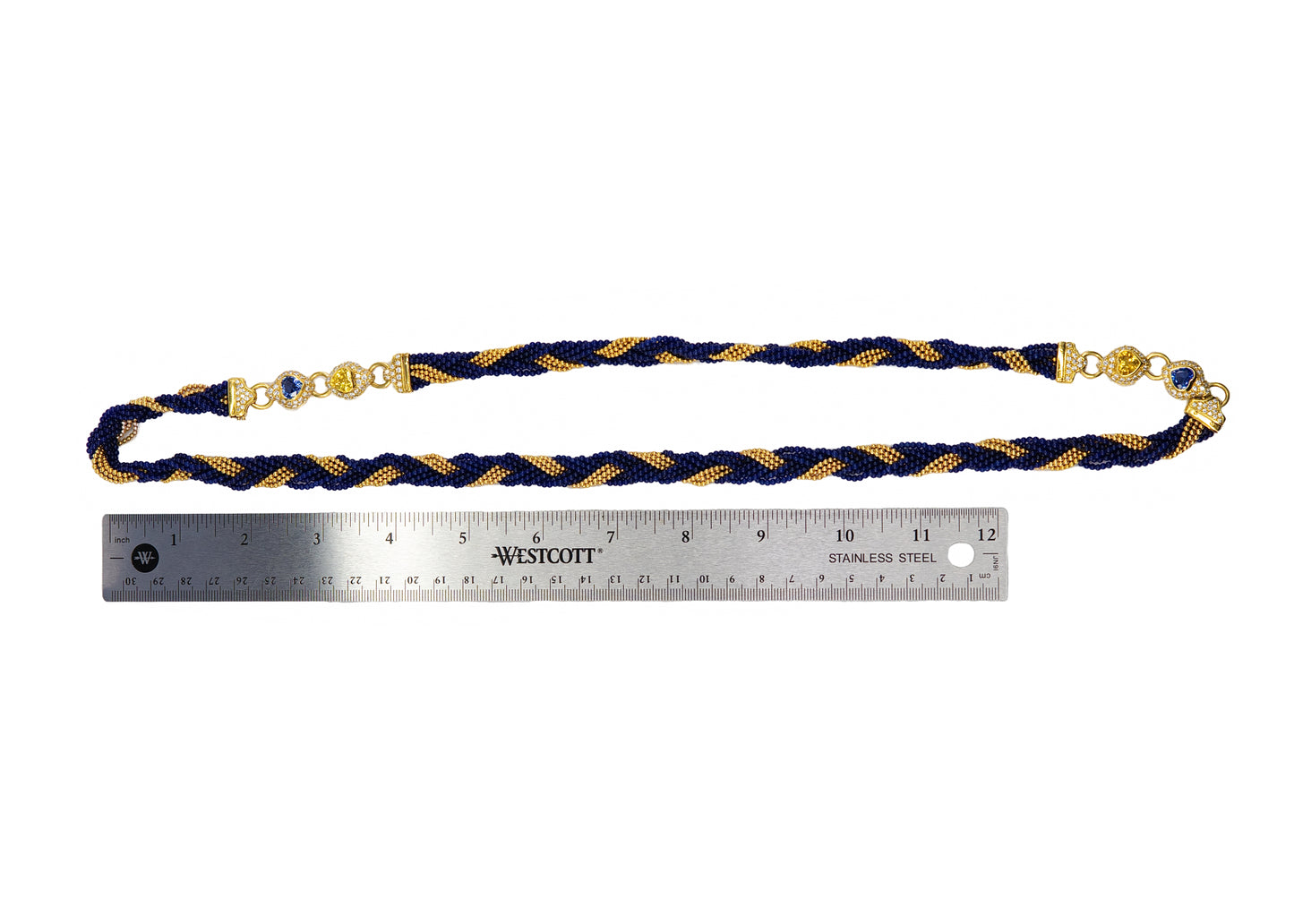 Yellow Gold Multi-Strand Twisted Blue Glass Bead, Sapphire, and Diamond Sautoir Necklace