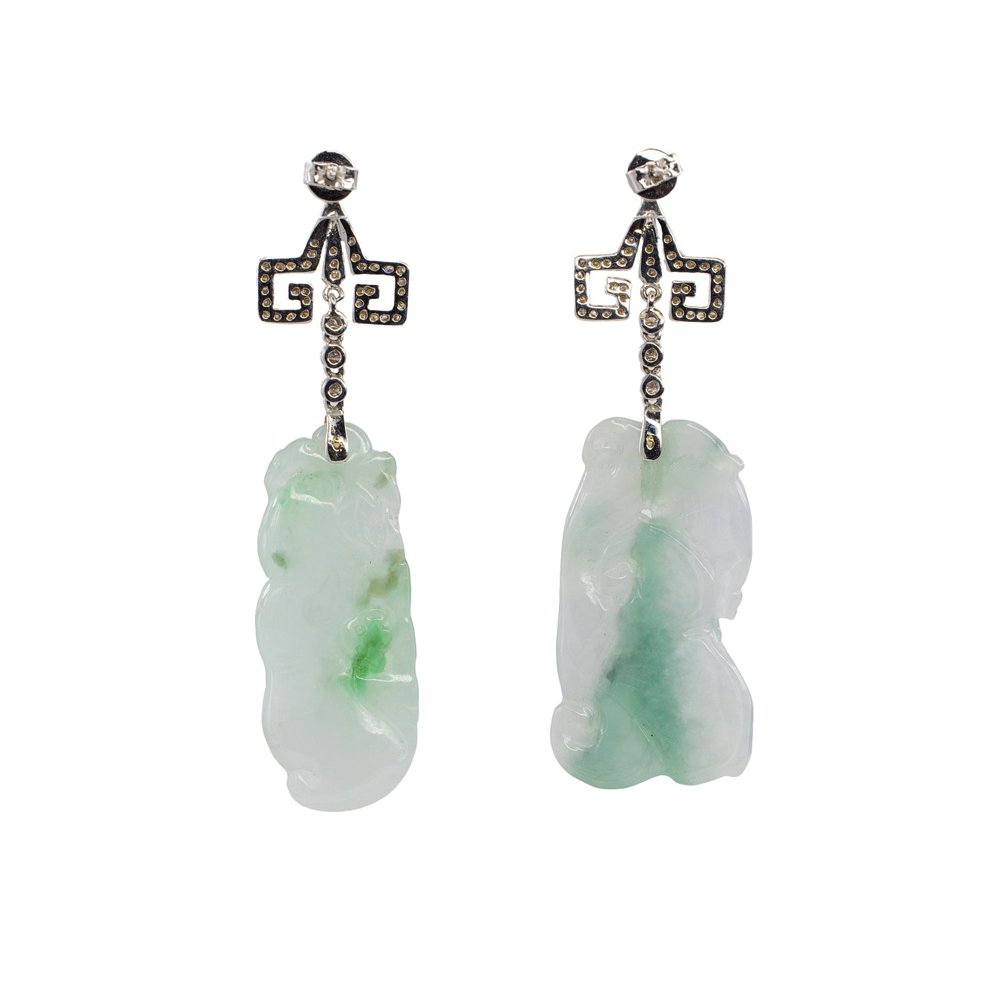 White Gold Carved Jadeite Jade and Diamond Asian-Motif Drop Earrings