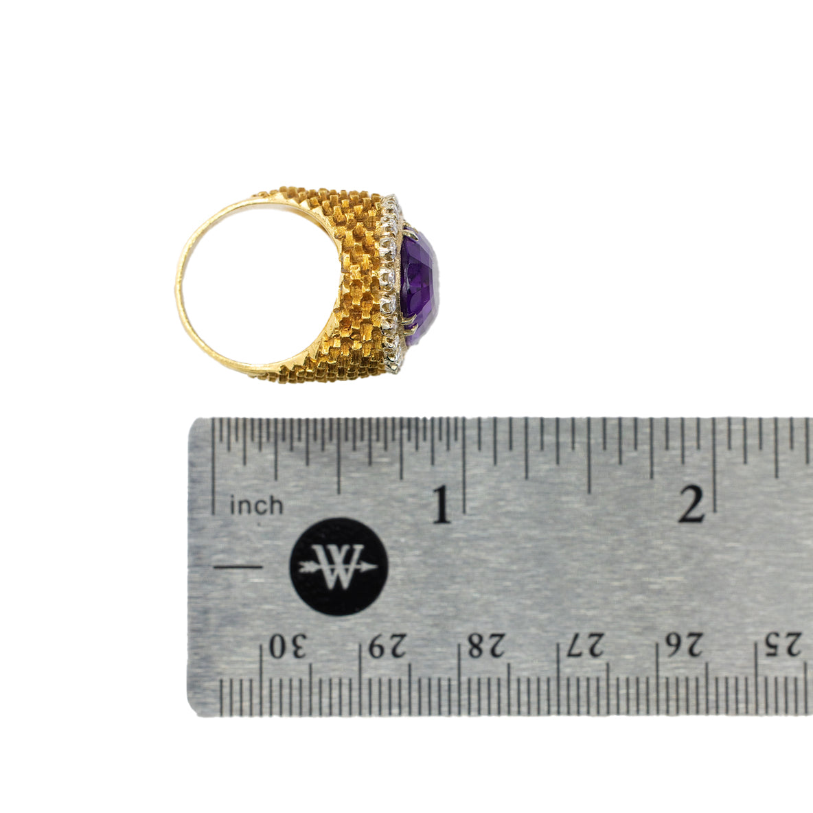 Yellow Gold Oval Amethyst and Diamond Scalloped Halo Statement Ring