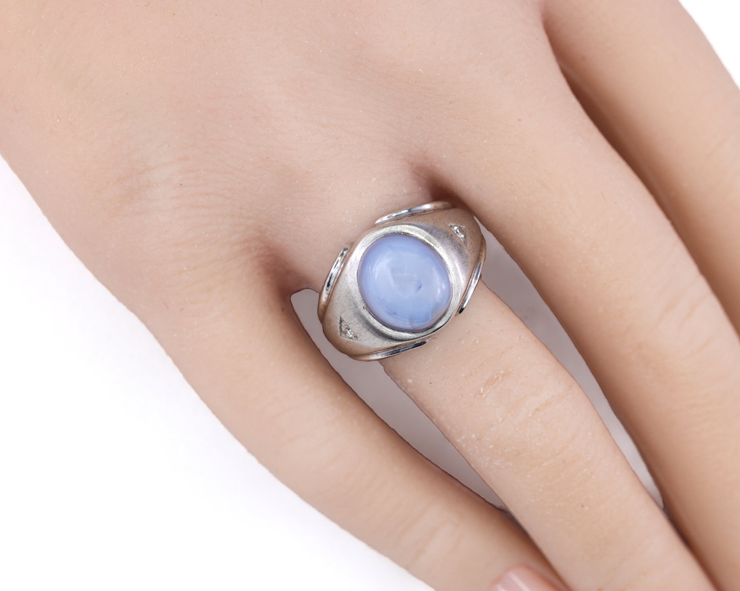 White Gold Oval Blue Star Sapphire and Diamond Brushed Signet Ring