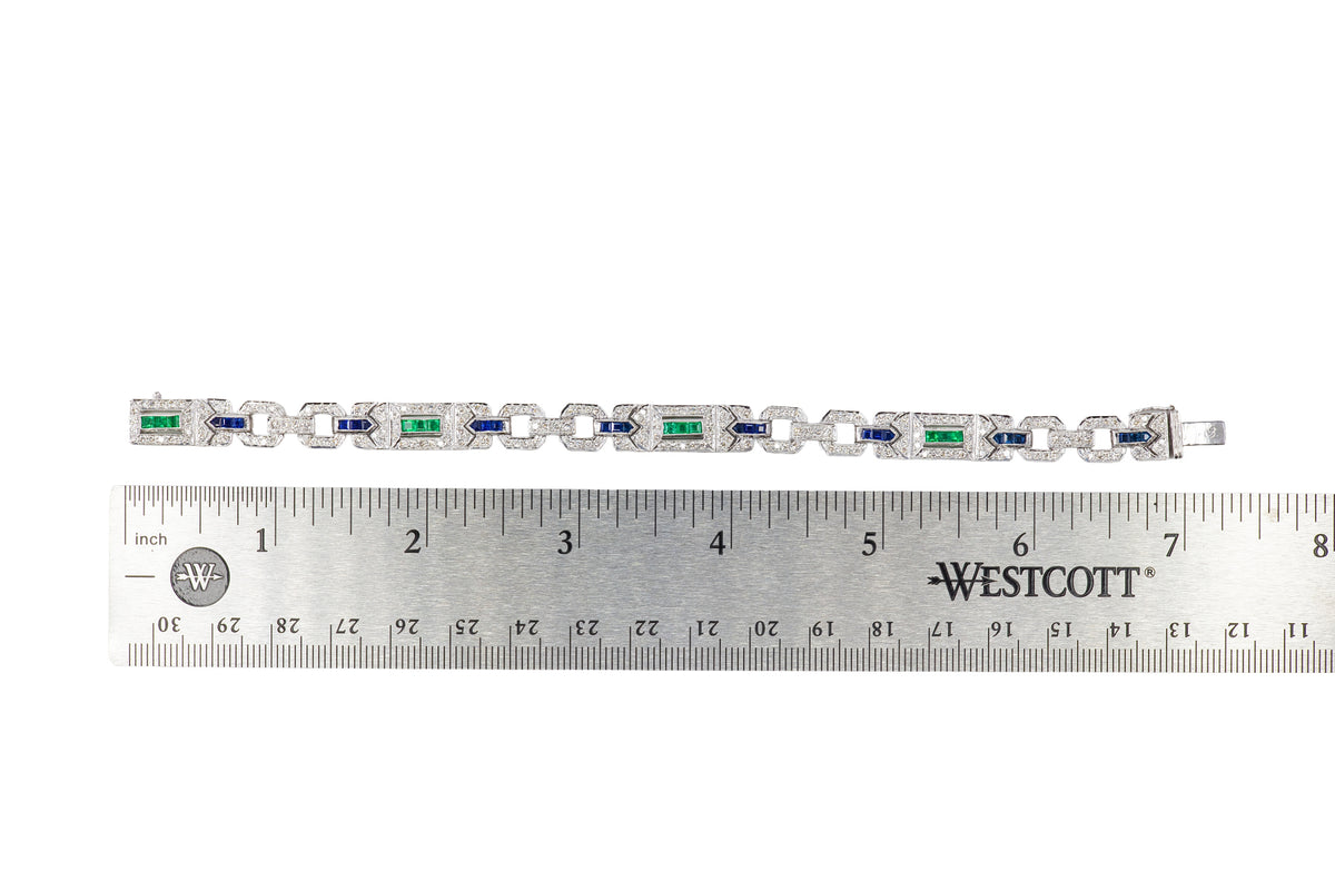White Gold Sapphire, Emerald, and Diamond Geometric Link Bracelet
