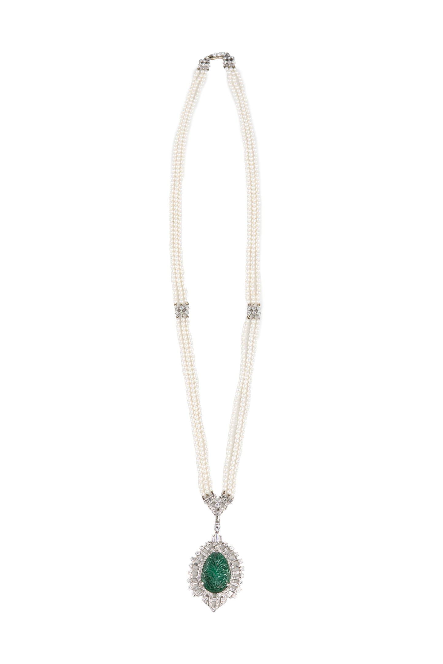 Carved Emerald and Diamond Pendant on Triple-Strand Seed Pearl Necklace
