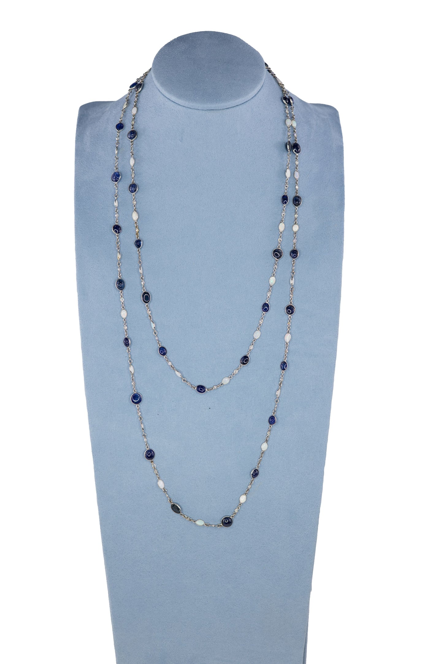 Sapphire, Opal, and Diamond Long Station Necklace