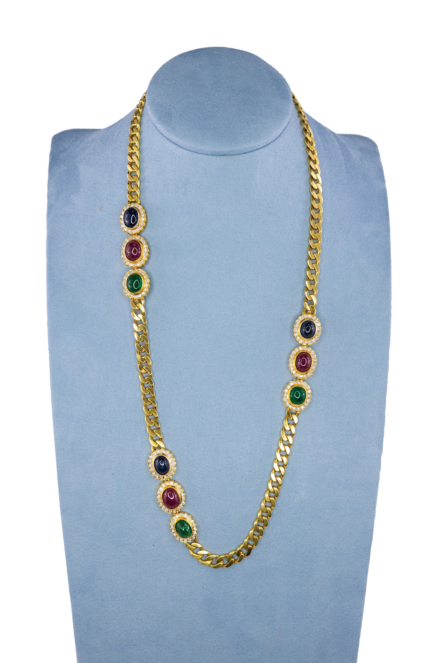 Cabochon Sapphire, Ruby, and Emerald Diamond Convertible Curb Chain Necklace