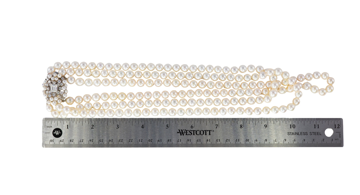 Triple Strand Cultured Pearl Necklace with GIA Emerald-Cut Diamond Clasp