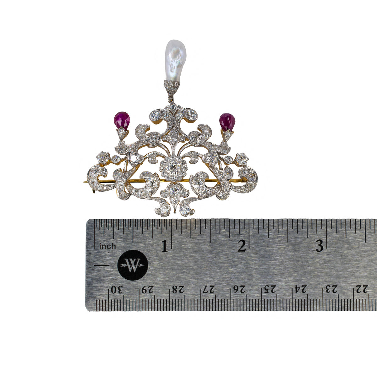 Antique Belle Époque Diamond, Ruby and Cultured Pearl Brooch