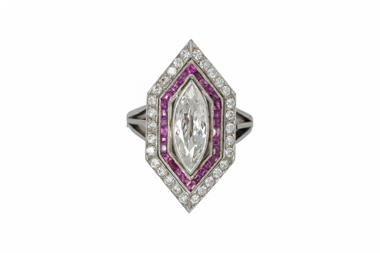 Marquise Diamond with French-Cut Ruby Halo and Diamond Border Ring