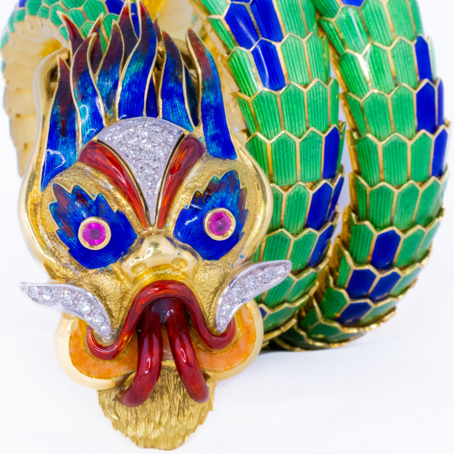 Paul Flato Gold, Multicolored Enamel, Ruby, and Diamond Dragon Bracelet