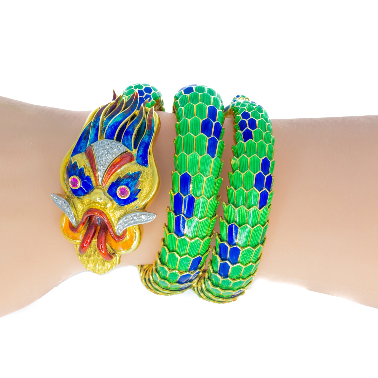 Paul Flato Gold, Multicolored Enamel, Ruby, and Diamond Dragon Bracelet