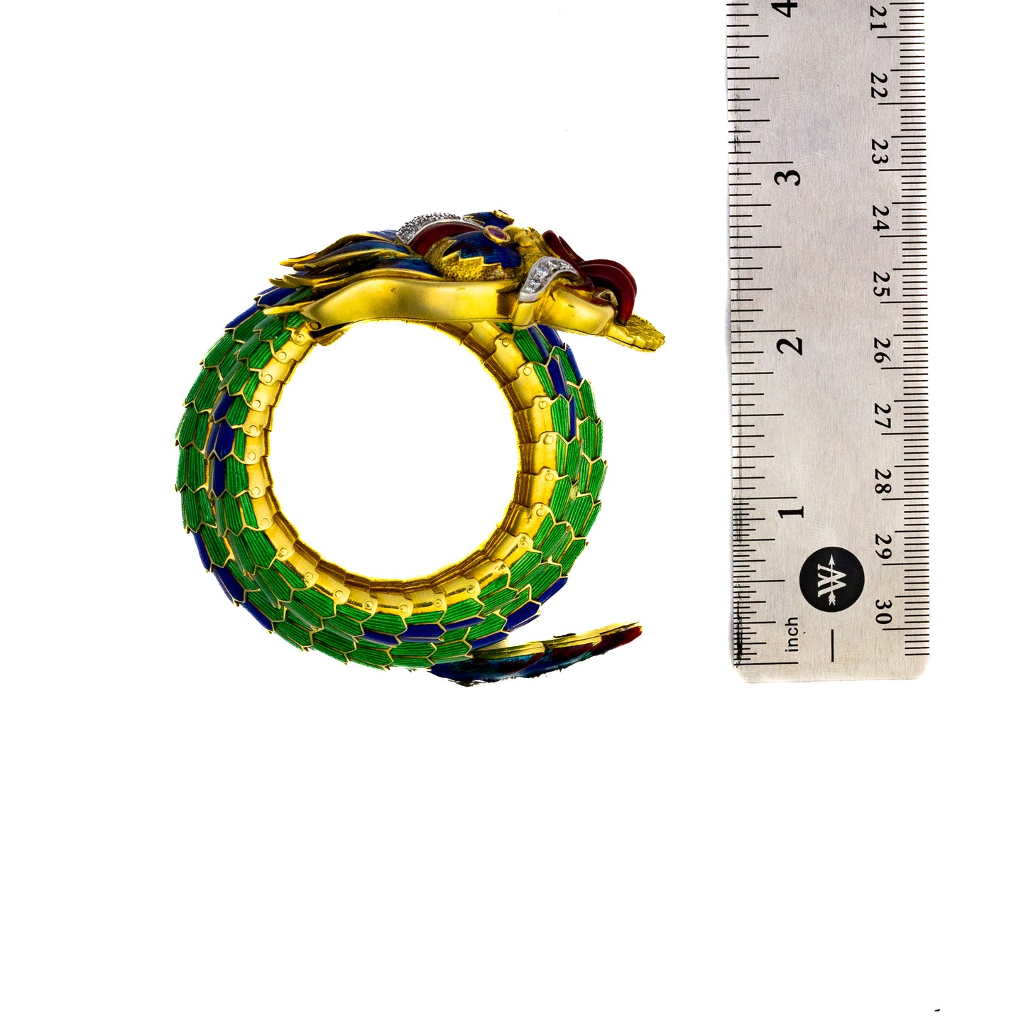 Paul Flato Gold, Multicolored Enamel, Ruby, and Diamond Dragon Bracelet