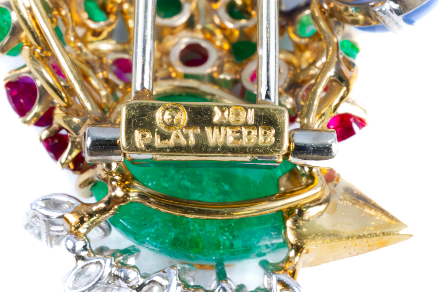 David Webb Peacock Emerald, Sapphire Ruby Diamond Brooch