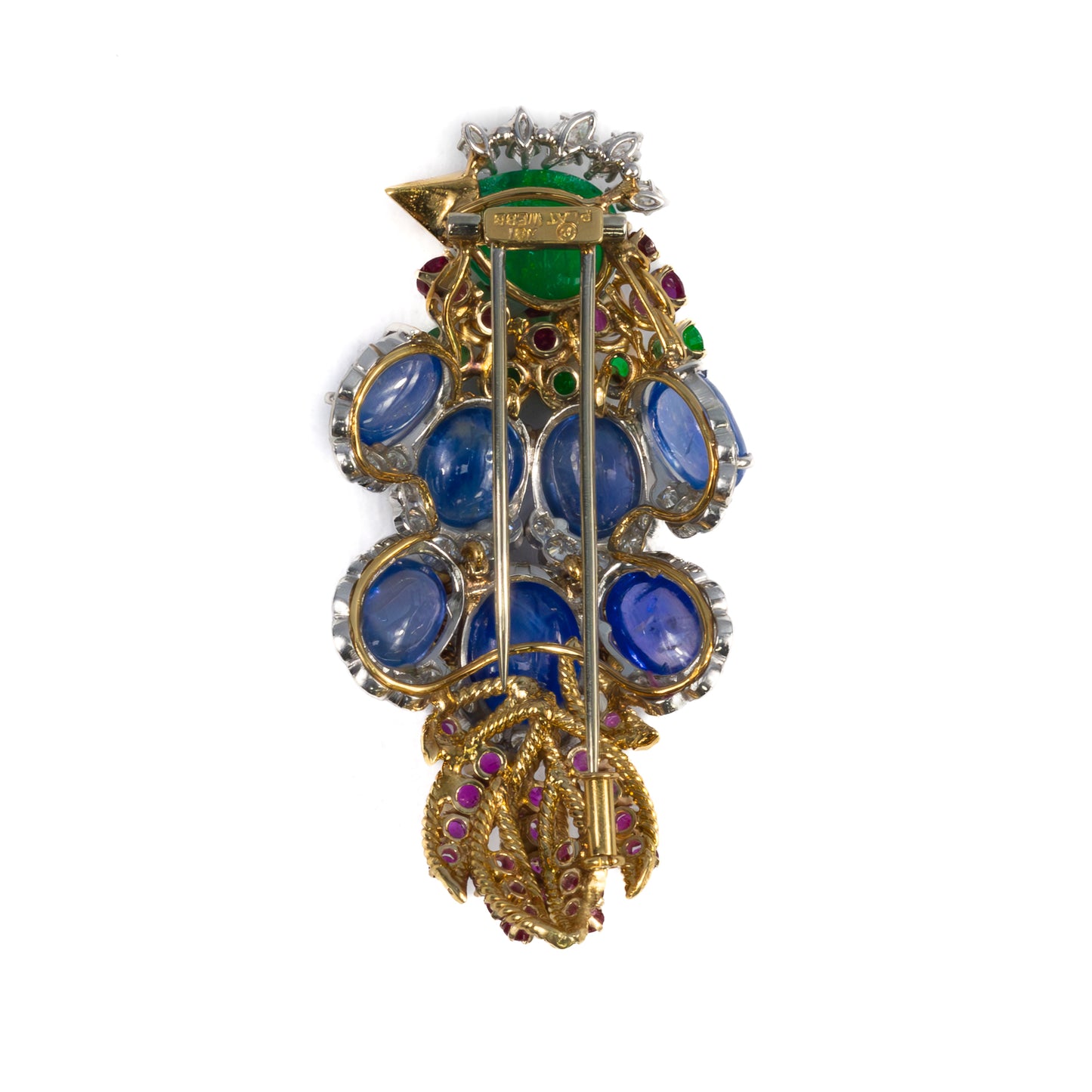 David Webb Peacock Emerald, Sapphire Ruby Diamond Brooch