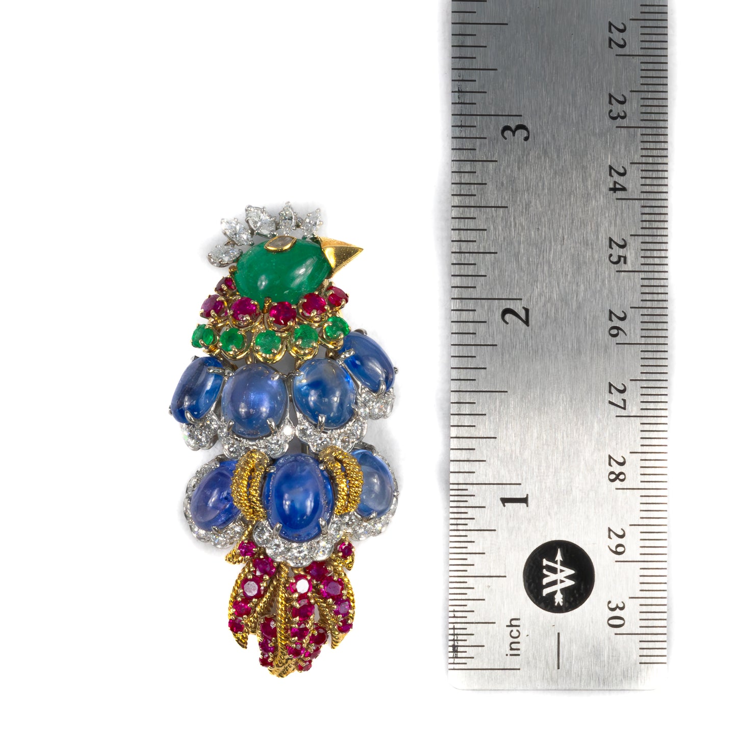 David Webb Peacock Emerald, Sapphire Ruby Diamond Brooch