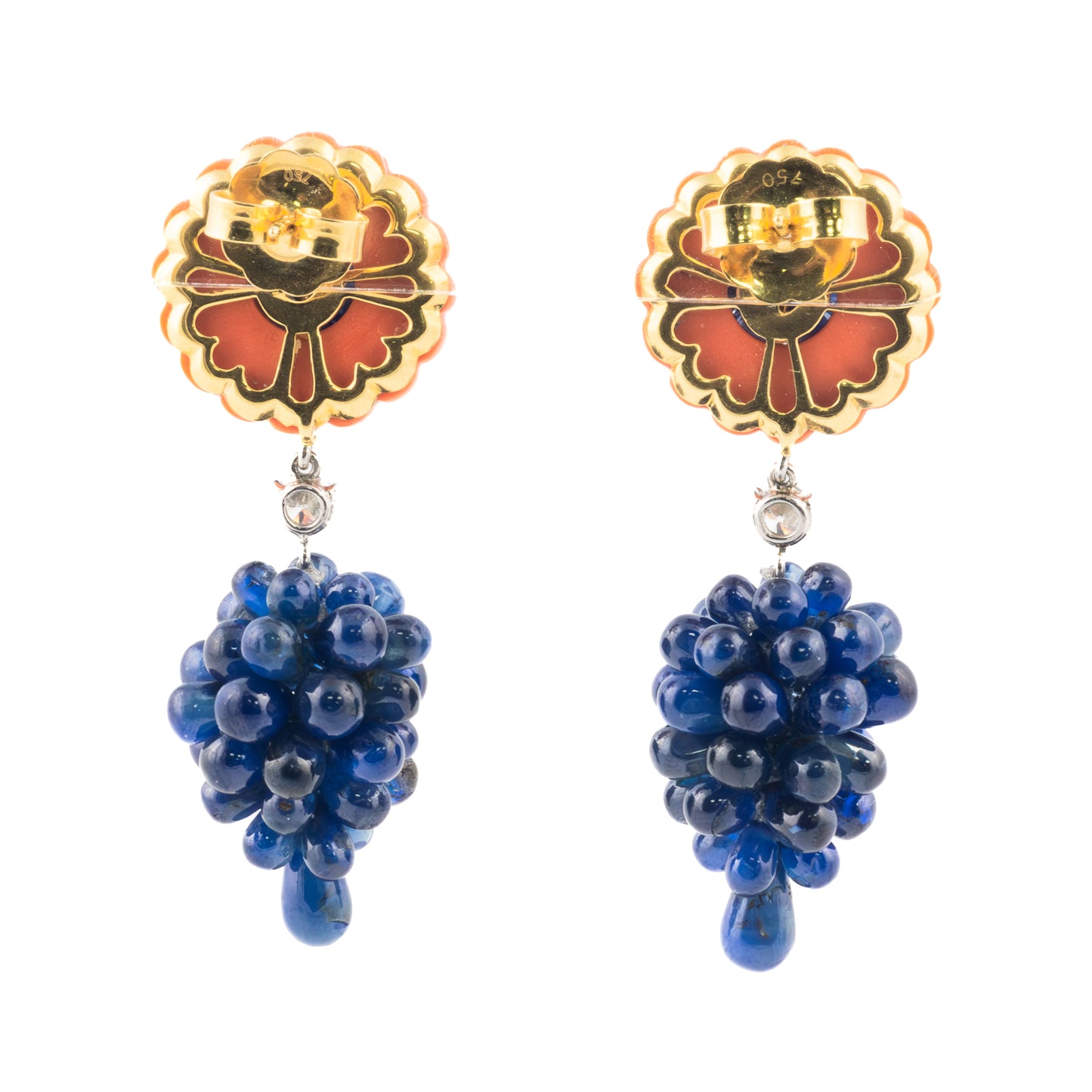 Carvin French Carved Coral, Sapphire & Diamond Earrings