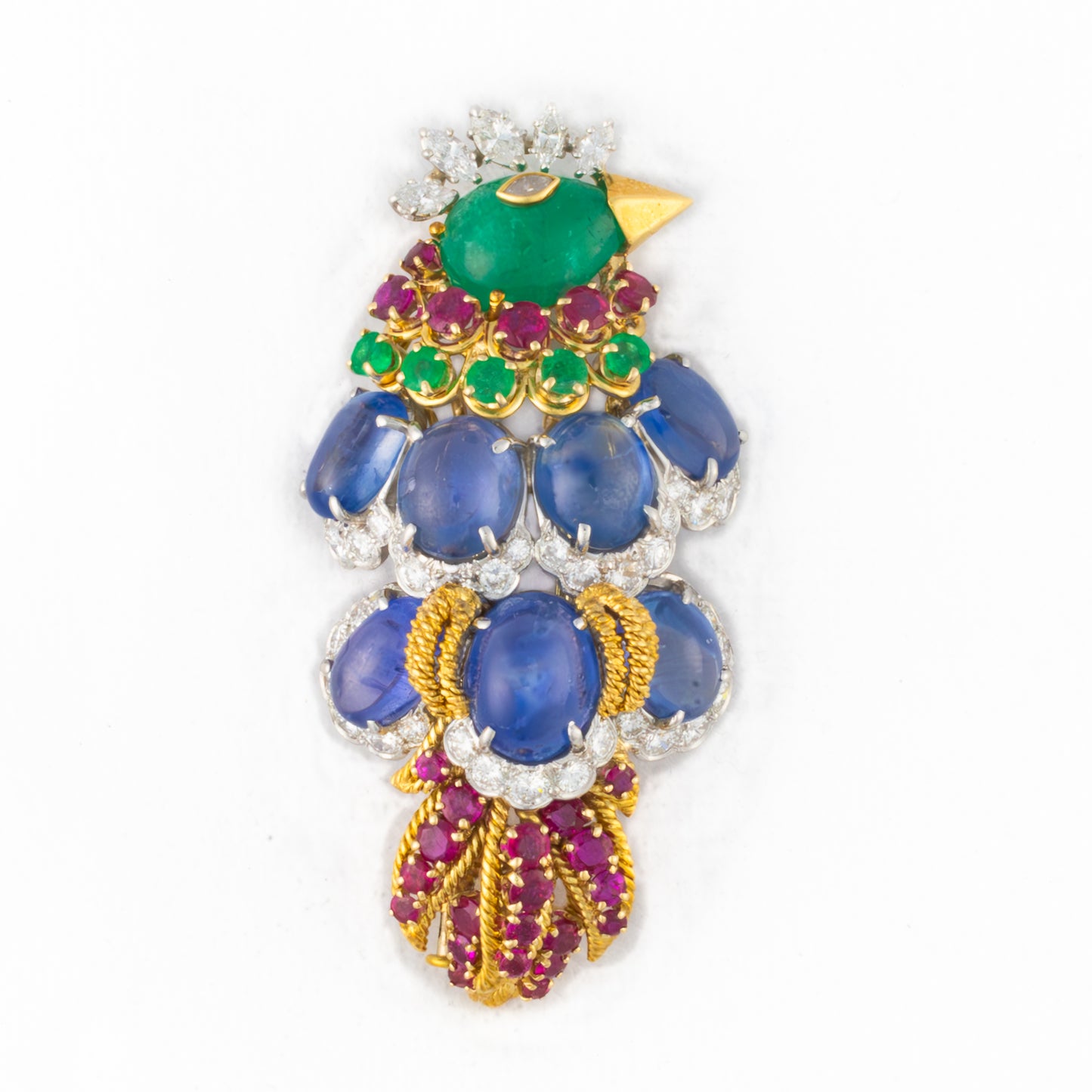 David Webb Peacock Emerald, Sapphire Ruby Diamond Brooch