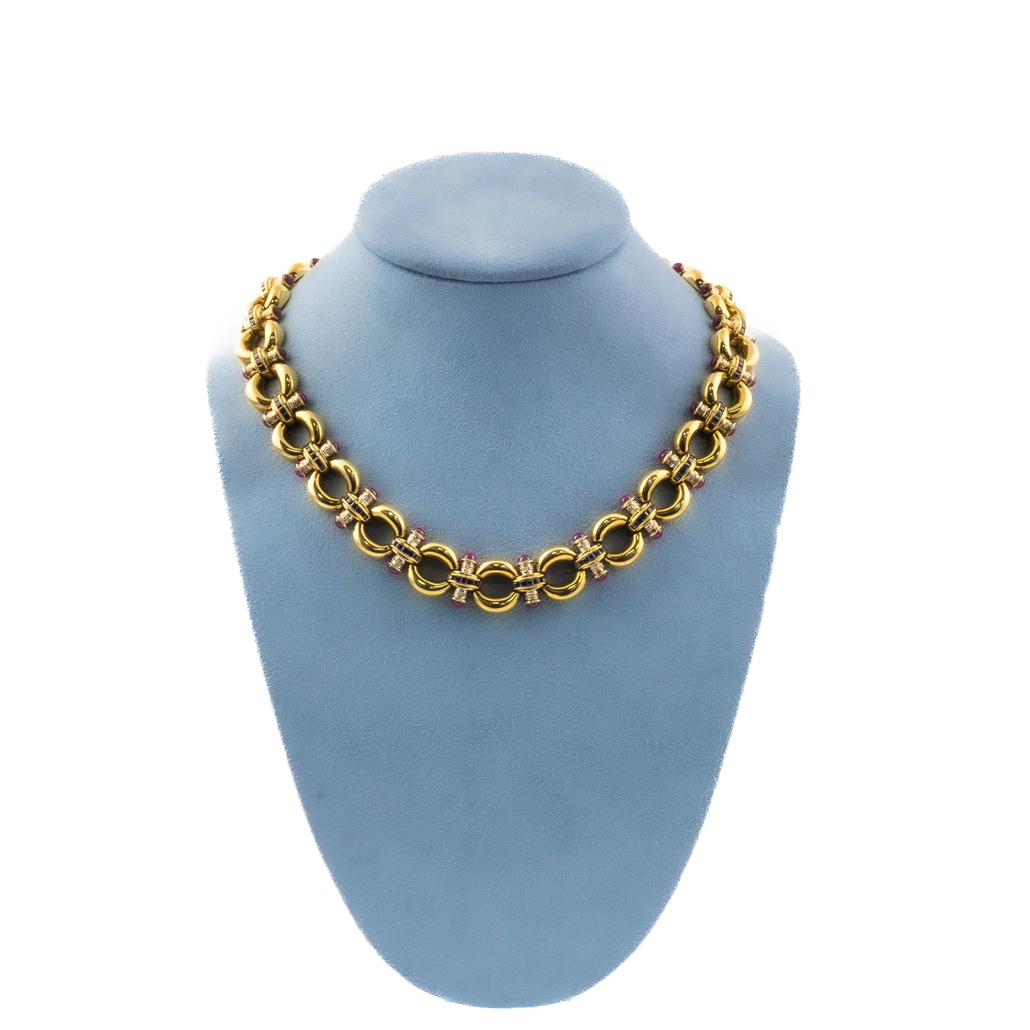 Diamond, Sapphire and Cabochon Ruby Gold Link Necklace
