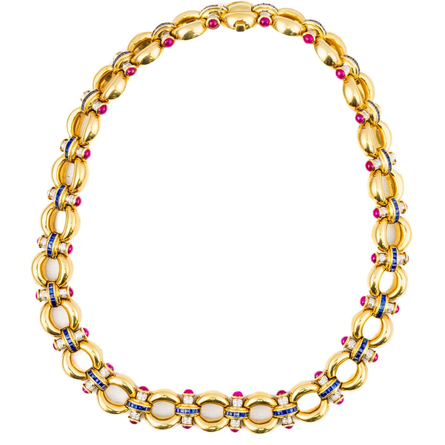 Diamond, Sapphire and Cabochon Ruby Gold Link Necklace