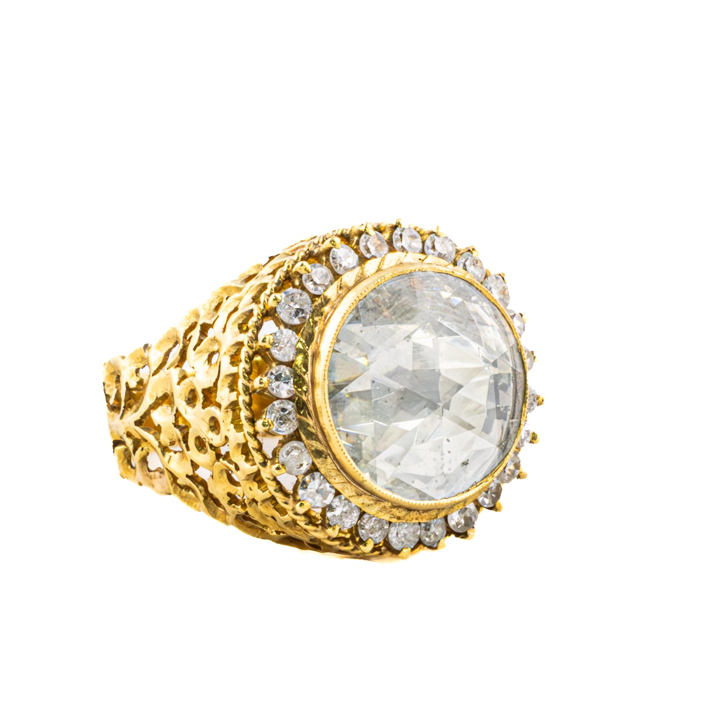 Vintage Center Old Mine and Round Cut Diamond Gold Ring