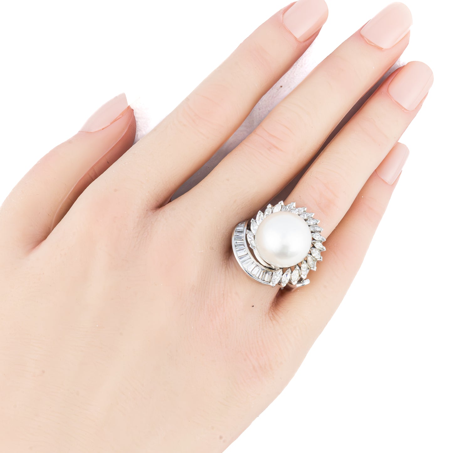 Baguette and Marquise Cut Diamond and Pearl Cocktail Ring