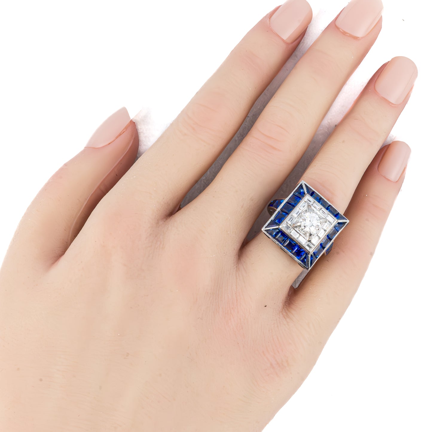 Vintage Sapphire and Diamond Square Cocktail Ring in Platinum
