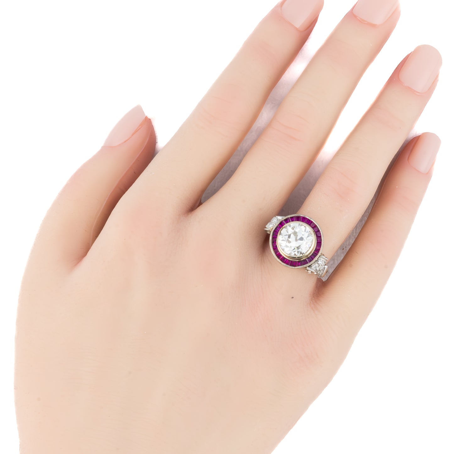 Art Deco Old European Cut Diamond Ruby Halo Engagement Ring
