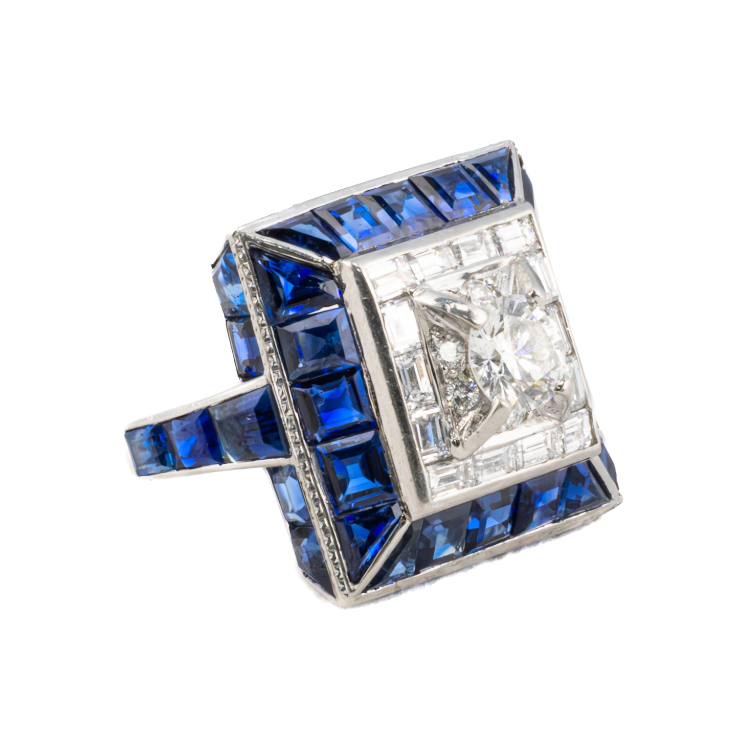 Vintage Sapphire and Diamond Square Cocktail Ring in Platinum