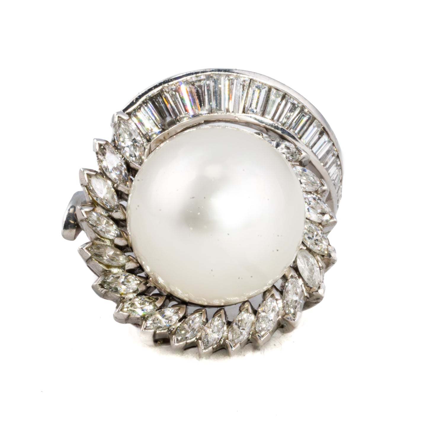 Baguette and Marquise Cut Diamond and Pearl Cocktail Ring