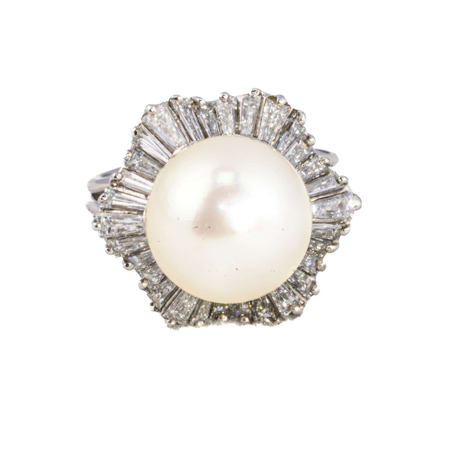 Vintage Baguette Diamond Halo and Pearl Cocktail Ring