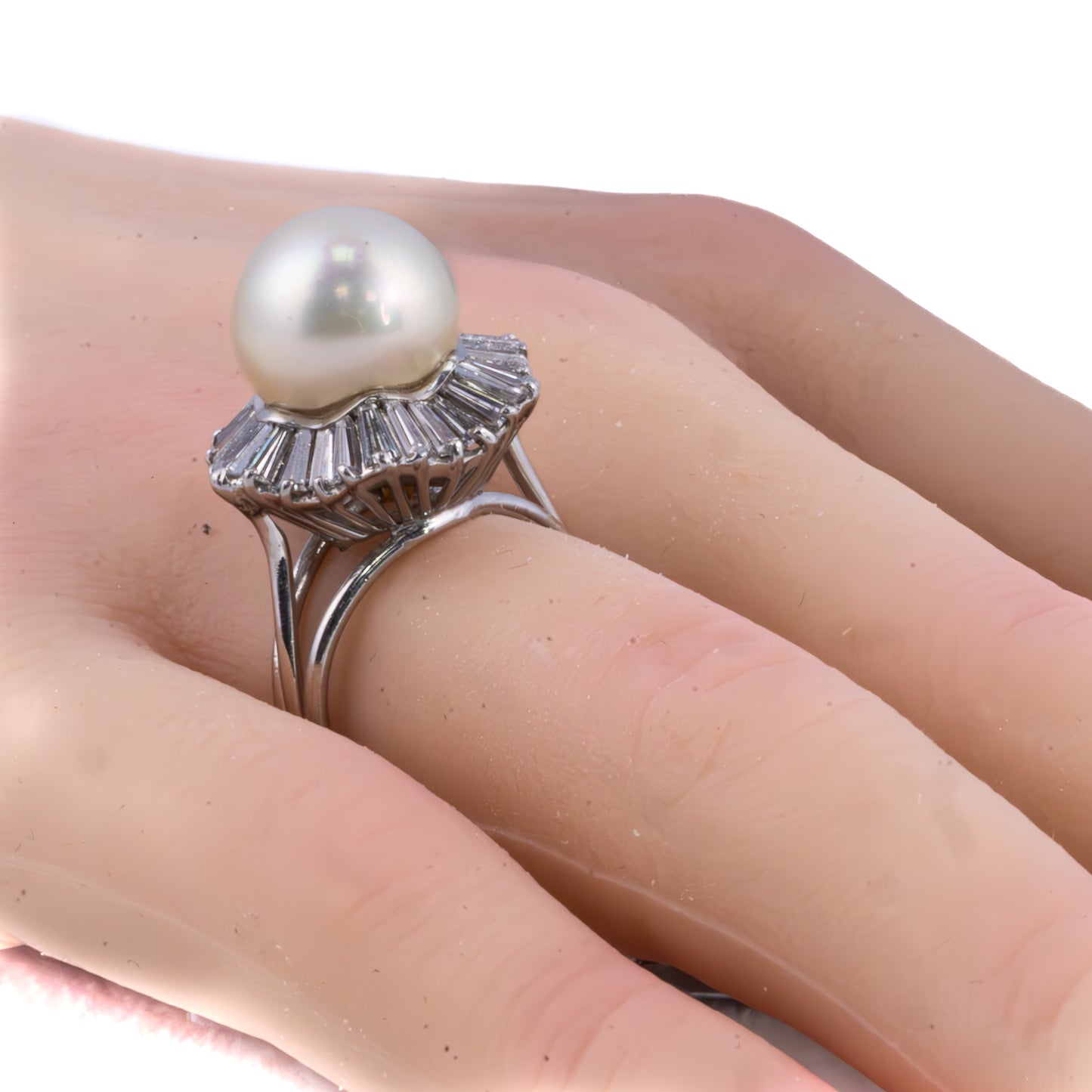 Vintage Baguette Diamond Halo and Pearl Cocktail Ring