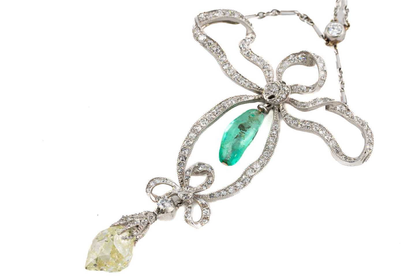 Art Deco Platinum Necklace with Emerald and Briolette Diamond