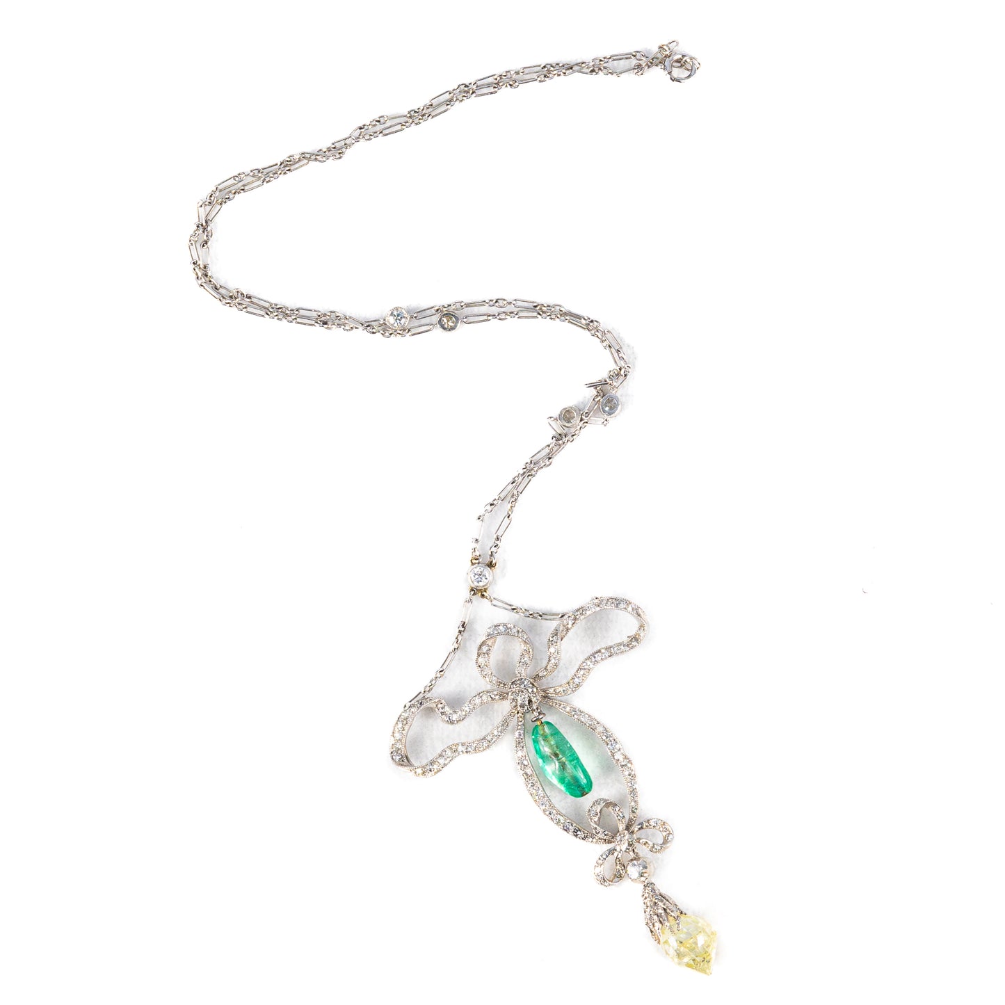 Art Deco Platinum Necklace with Emerald and Briolette Diamond