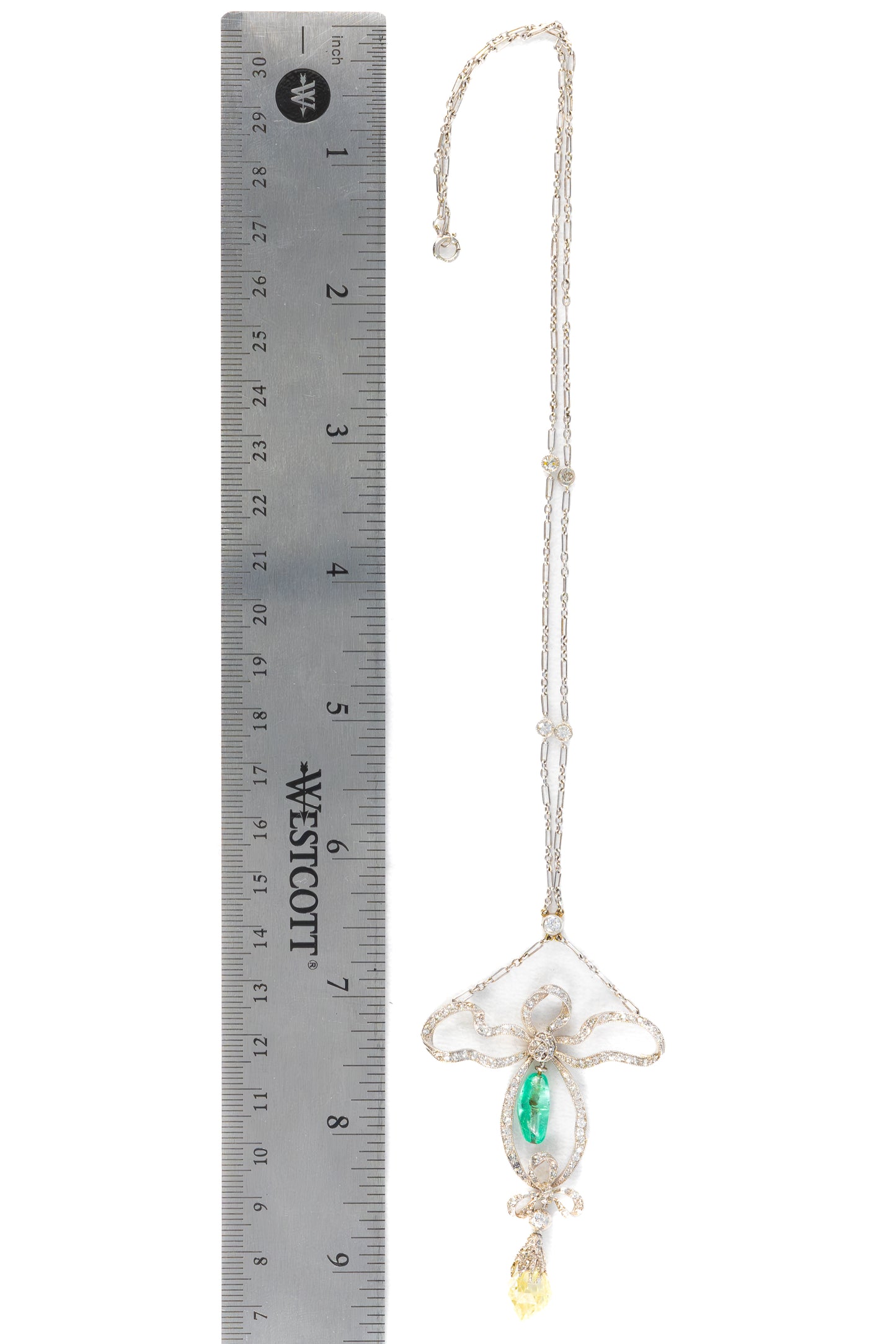 Art Deco Platinum Necklace with Emerald and Briolette Diamond