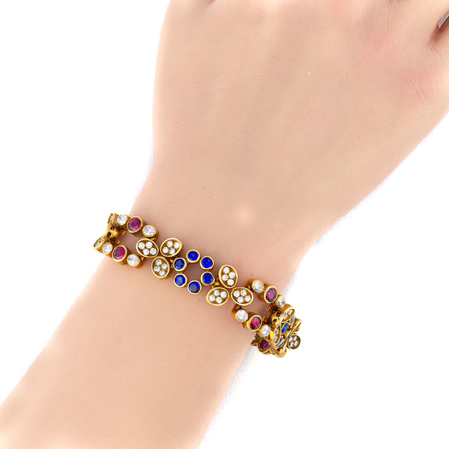 Diamond, Ruby, and Sapphire Gold Floral Bracelet