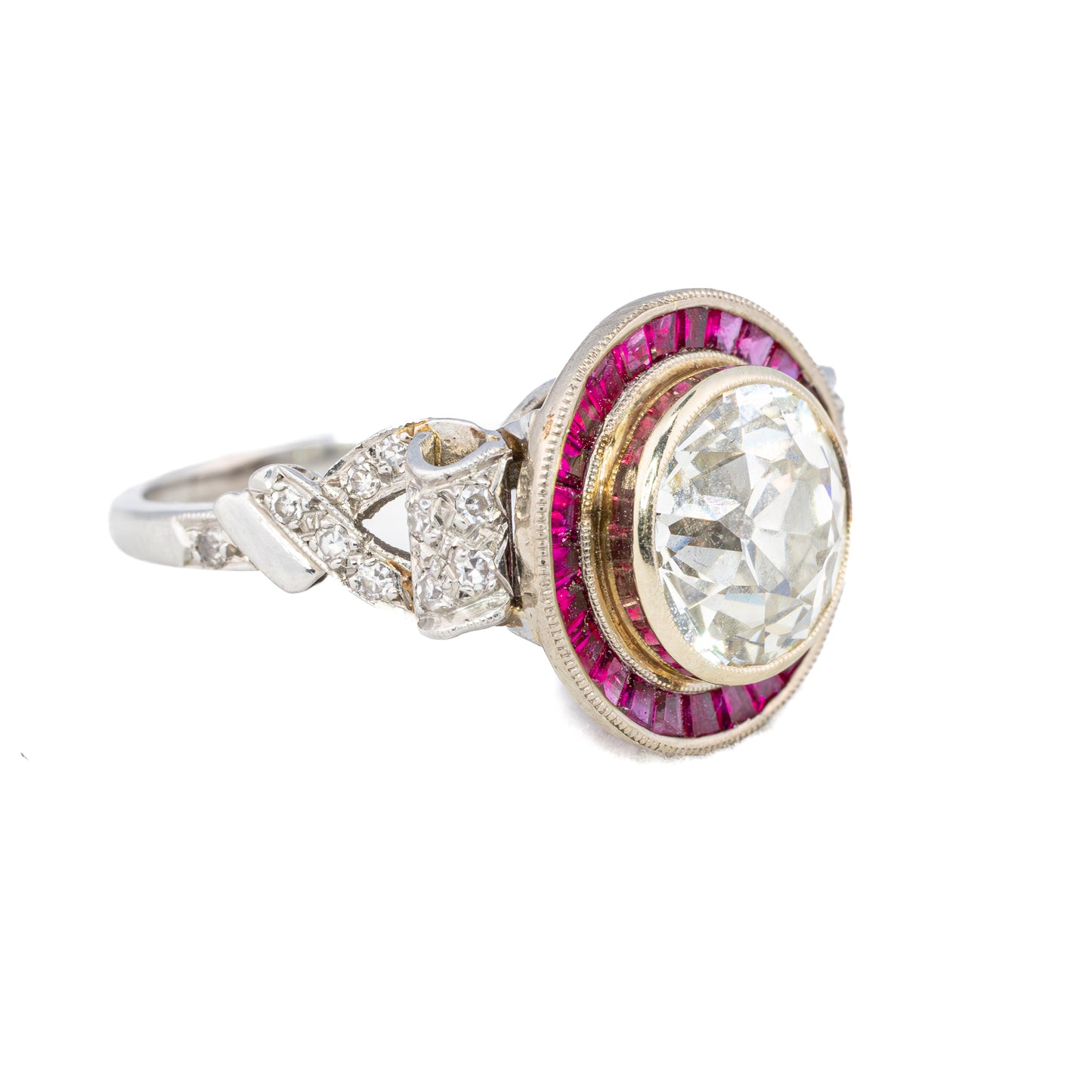 Art Deco Old European Cut Diamond Ruby Halo Engagement Ring