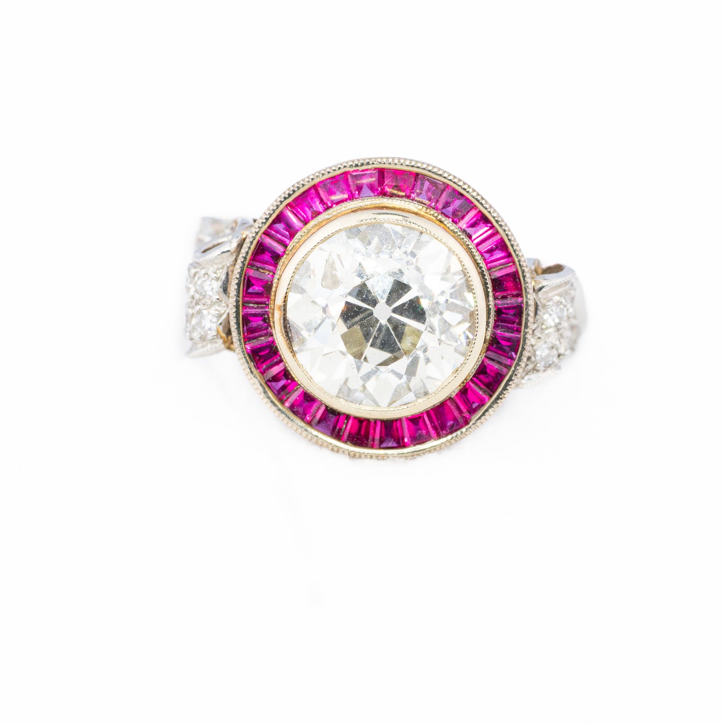 Art Deco Old European Cut Diamond Ruby Halo Engagement Ring